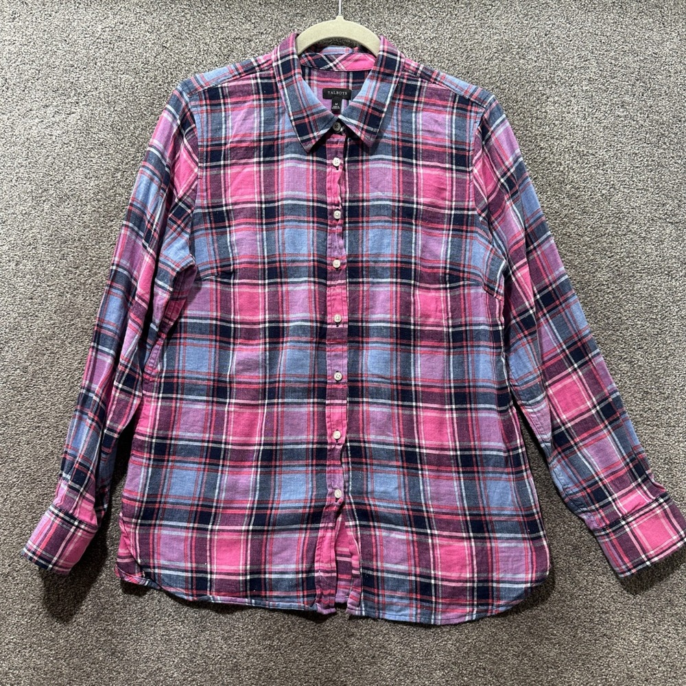 Talbots‎ Button Up Blouse Top Women Medium Pink Plaid Metallic Lurex Long Sleeve